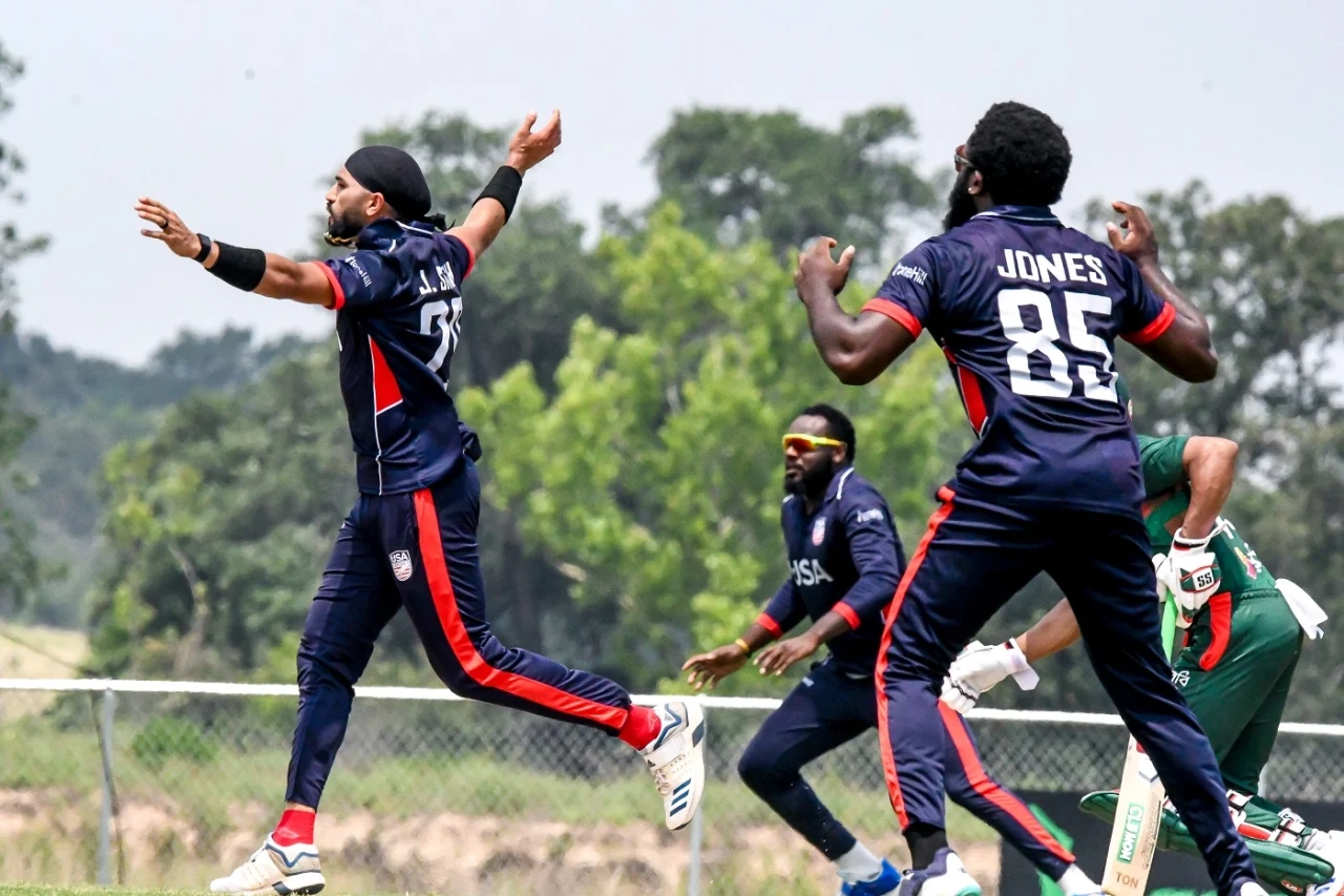 Jasdeep Singh celebrates the wicket of Tanzid Hasan•May 23, 2024